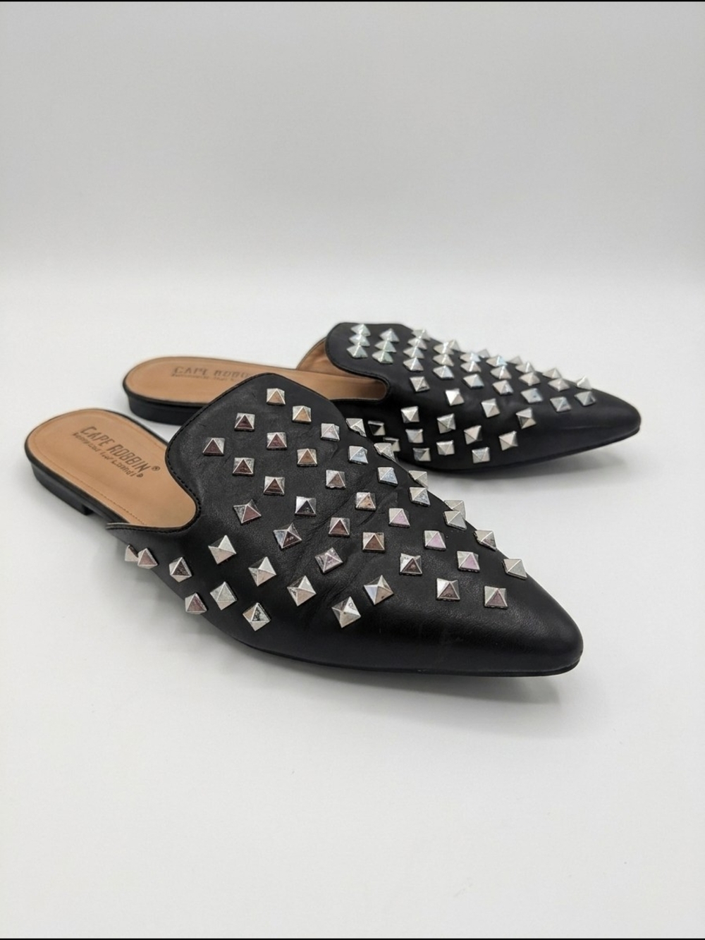 Pointed Black Studded Leather Mules - Cape Robbin
